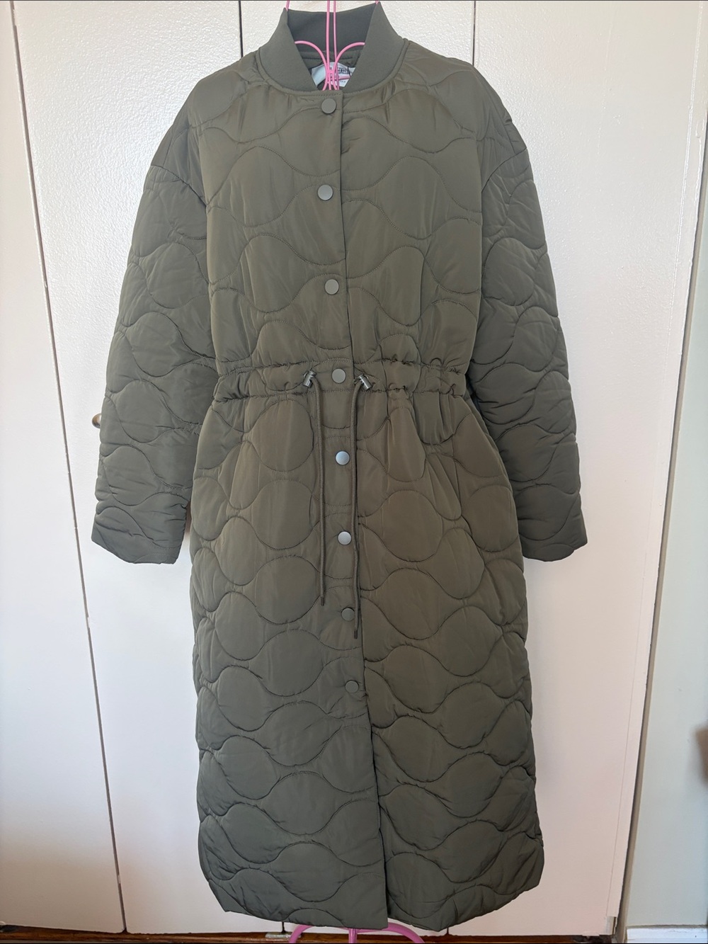 Long Quilted Puffer Coat in Olive with Drawstring Waist